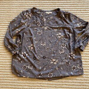 Loft Womens Crew Neck Floral Blouse Regular Fit Long Sleeve Size 22 Gray